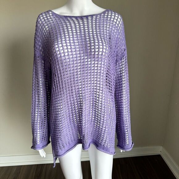 Crotchet Flare Sleeve Purple Knit Top Sweater - Picture 4 of 6